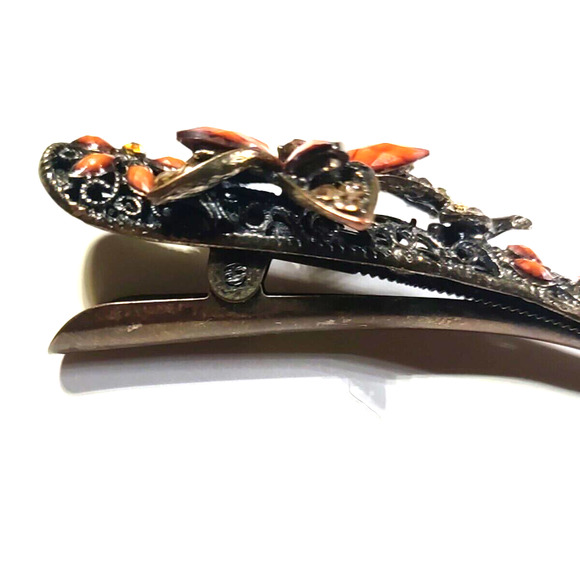 Barrette Hair Clip Large 5" X 11/2" Copper Tone Brown Plastic Beading - Picture 8 of 10